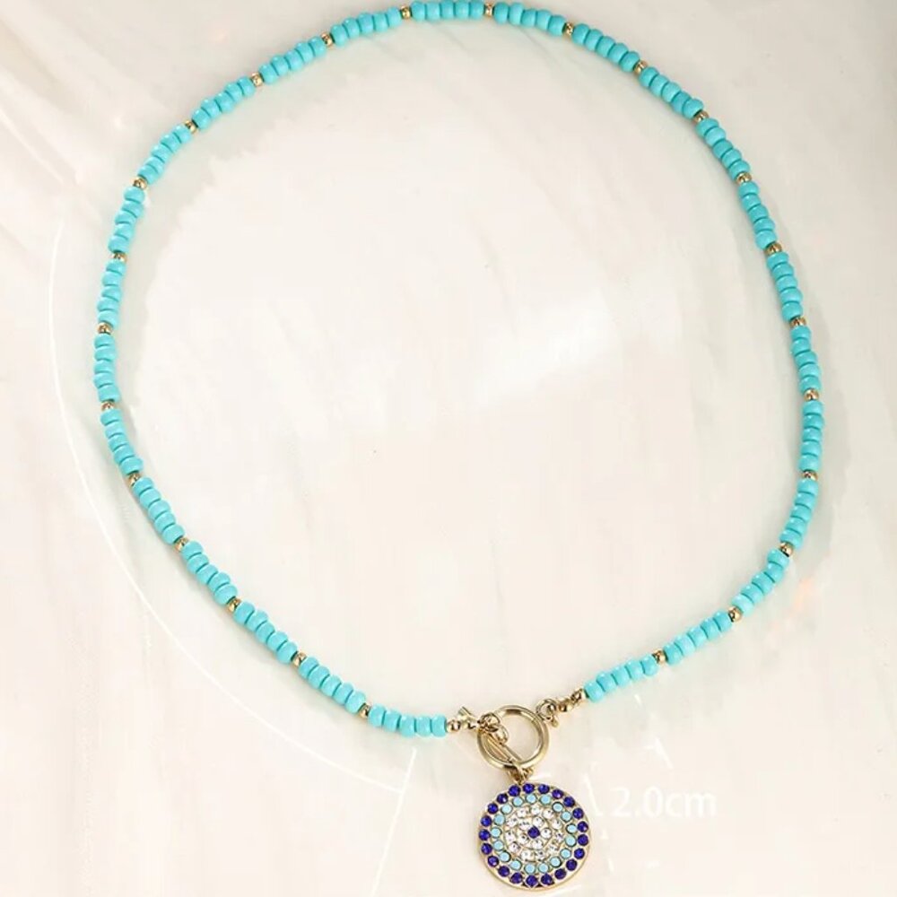 Boho Chic 4mm Artificial Turquoise Beads Necklace With Evil Eye 18K Gold Plated